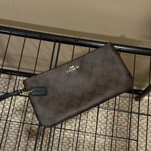 Coach Dark Brown Wristlet with Gold Zipper